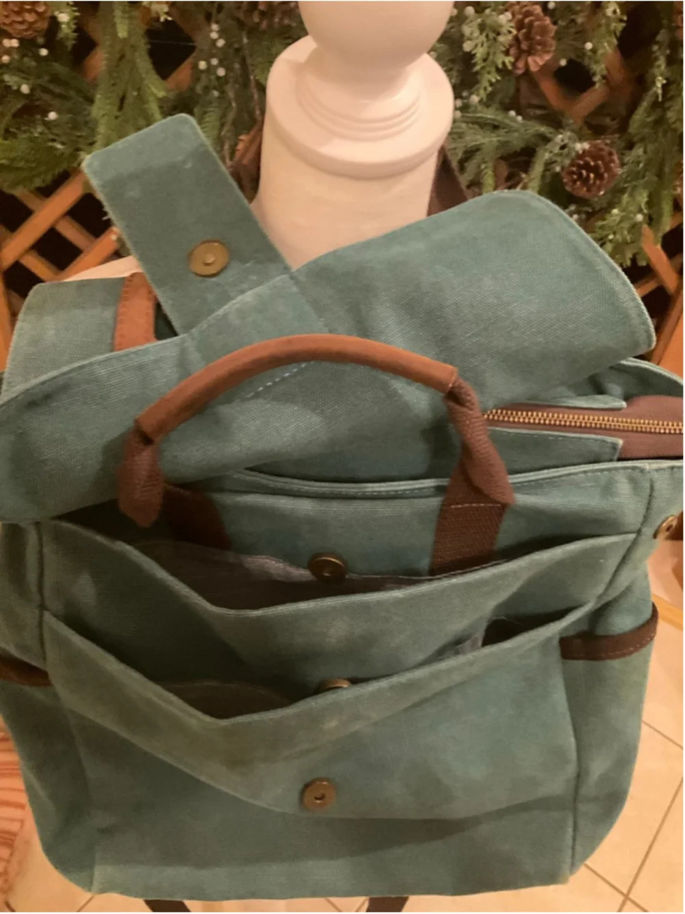 Acacia Canvas & Genuine Leather Backpack Tote Bag Teal - Picture 3 of 7